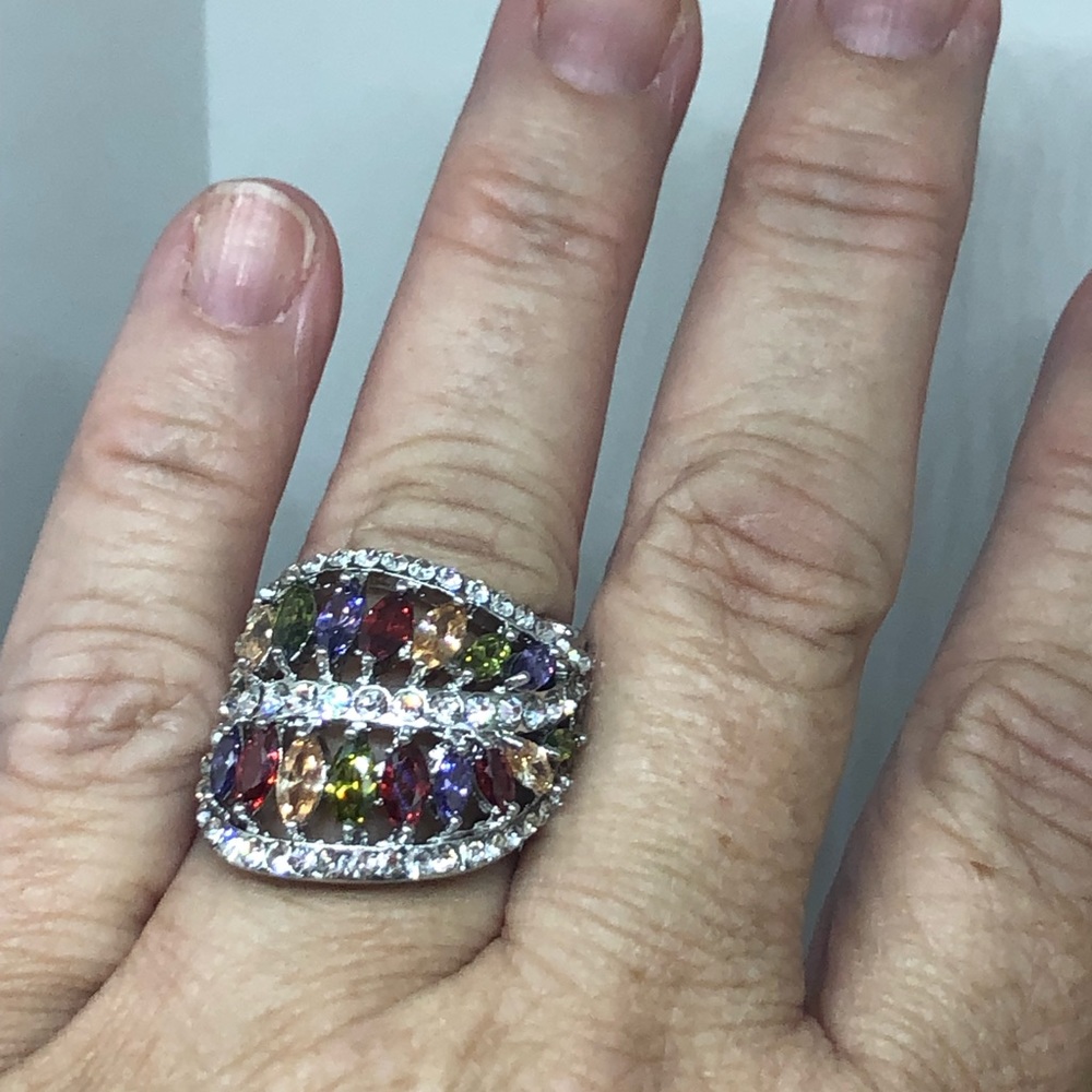 Silver Multi Colored Cz Leaf Ring - image 4